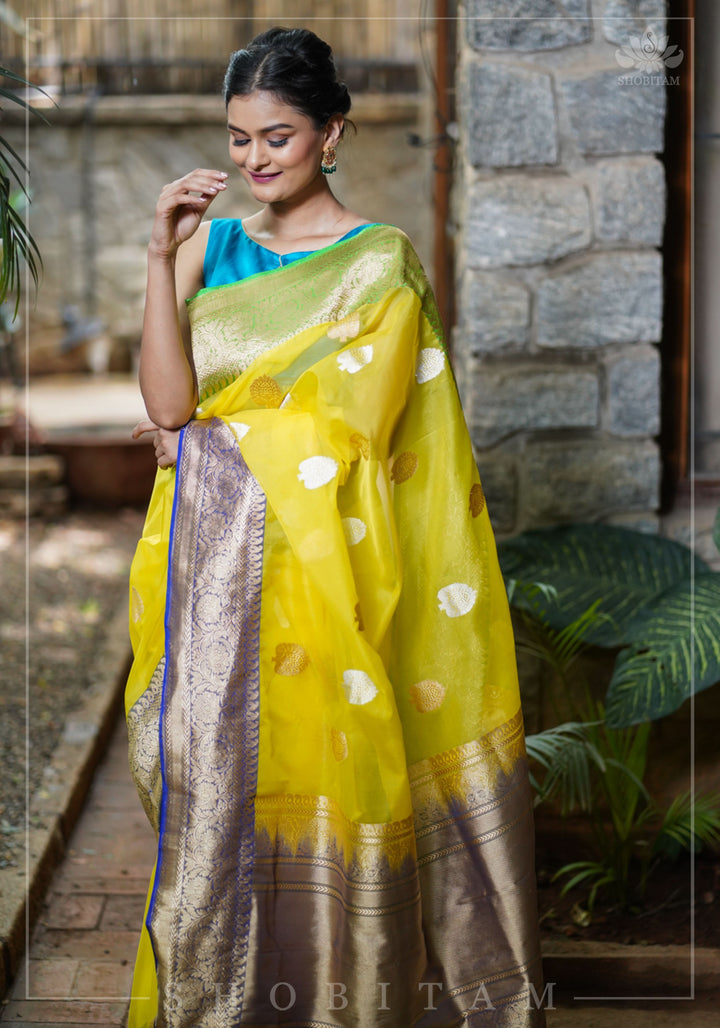 Banarasi Silk Organza Saree in Yellow with Ganga Jamuna Borders | SILK MARK CERTIFIED