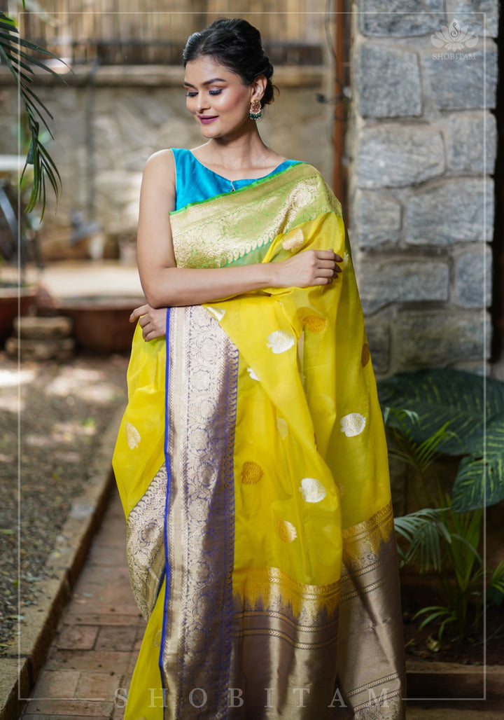 Banarasi Silk Organza Saree in Yellow with Ganga Jamuna Borders | SILK MARK CERTIFIED