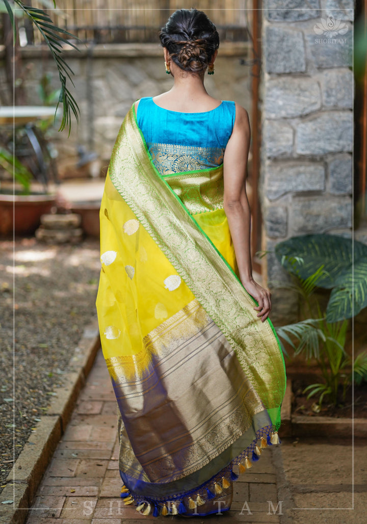 Banarasi Silk Organza Saree in Yellow with Ganga Jamuna Borders | SILK MARK CERTIFIED