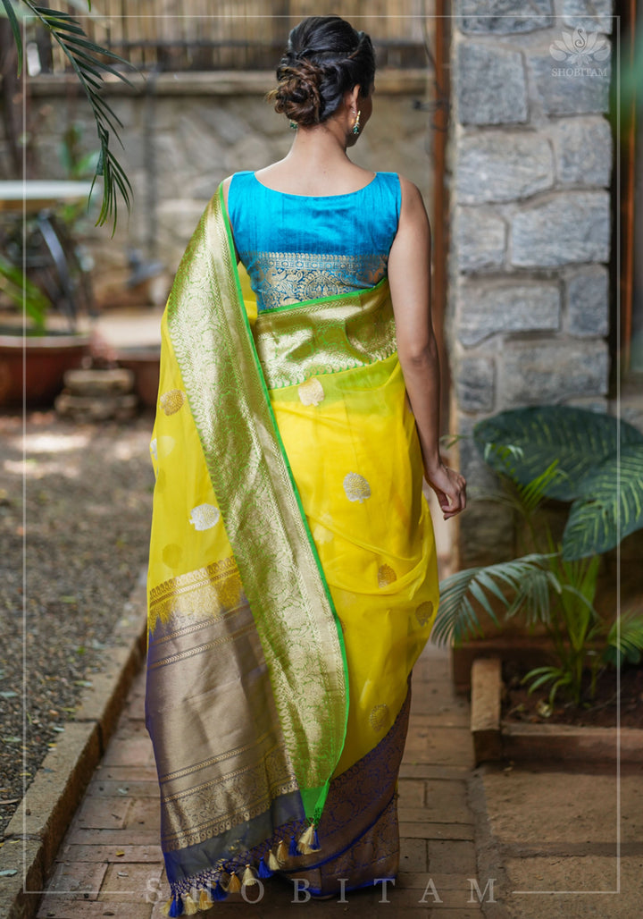 Banarasi Silk Organza Saree in Yellow with Ganga Jamuna Borders | SILK MARK CERTIFIED
