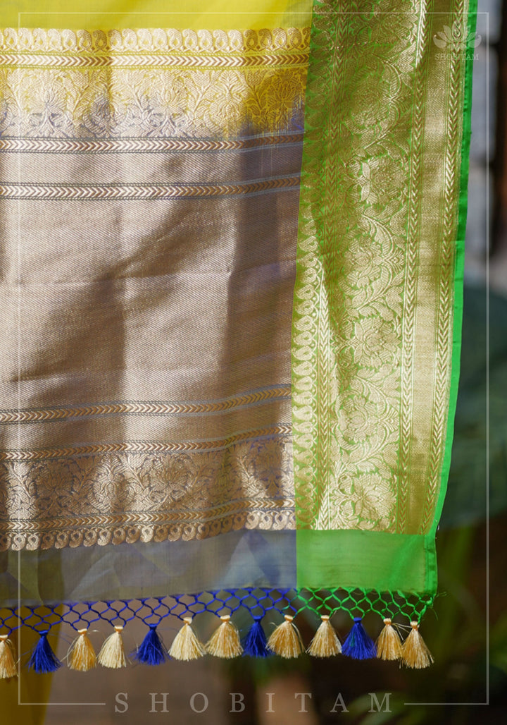 Banarasi Silk Organza Saree in Yellow with Ganga Jamuna Borders | SILK MARK CERTIFIED
