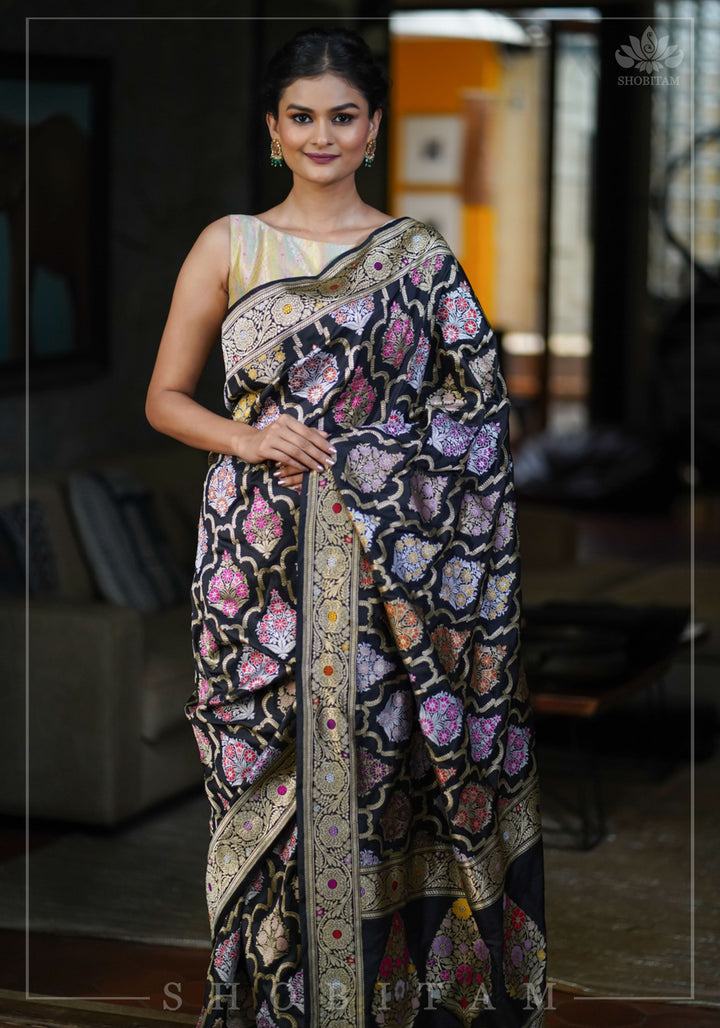 Authentic Kadhuwa Jungla Multi-color Meenakari Jaal Banarasi Silk Saree in Black with Grand Pallu and Zari  | SILK MARK CERTIFIED