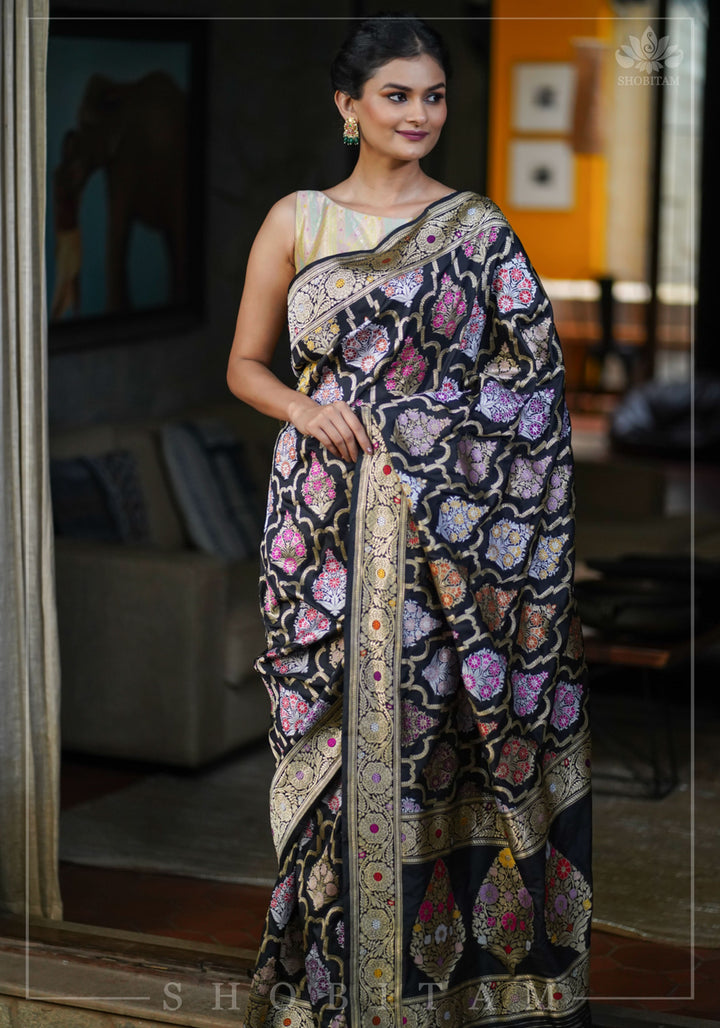 Authentic Kadhuwa Jungla Multi-color Meenakari Jaal Banarasi Silk Saree in Black with Grand Pallu and Zari  | SILK MARK CERTIFIED