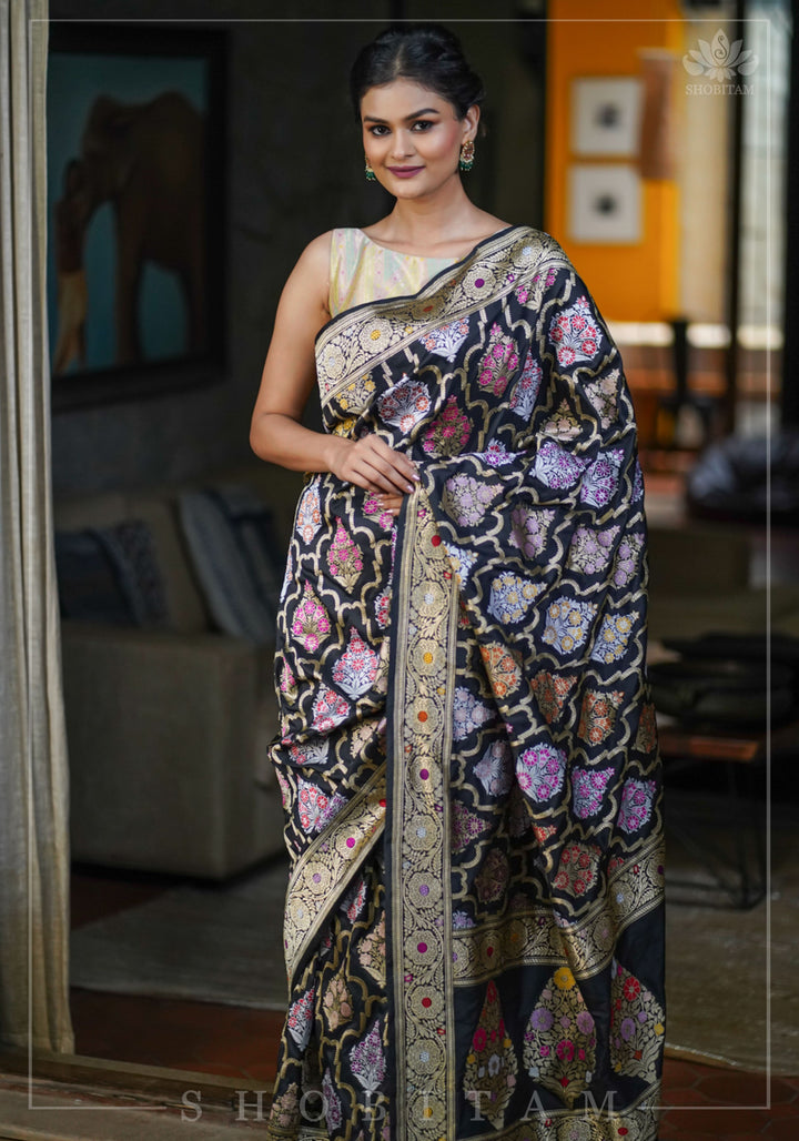Authentic Kadhuwa Jungla Multi-color Meenakari Jaal Banarasi Silk Saree in Black with Grand Pallu and Zari  | SILK MARK CERTIFIED