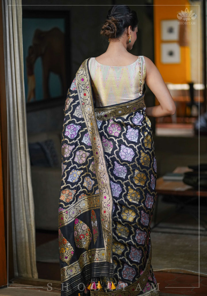 Authentic Kadhuwa Jungla Multi-color Meenakari Jaal Banarasi Silk Saree in Black with Grand Pallu and Zari  | SILK MARK CERTIFIED