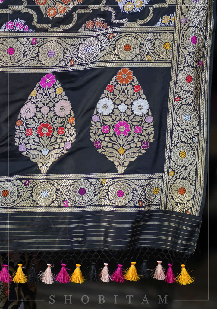 Authentic Kadhuwa Jungla Multi-color Meenakari Jaal Banarasi Silk Saree in Black with Grand Pallu and Zari  | SILK MARK CERTIFIED