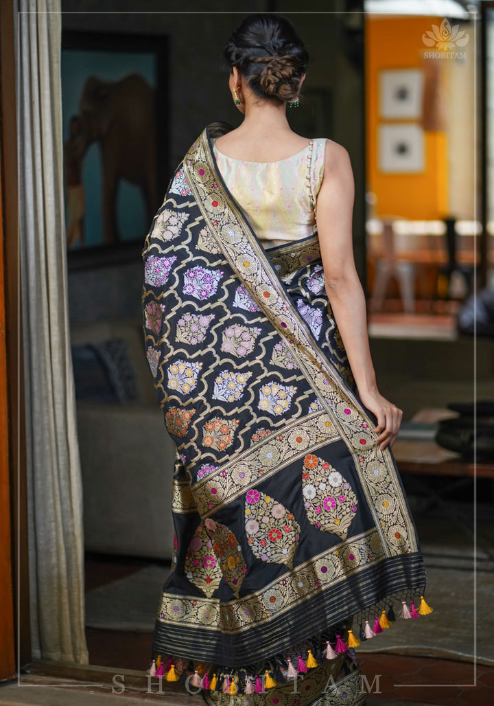 Authentic Kadhuwa Jungla Multi-color Meenakari Jaal Banarasi Silk Saree in Black with Grand Pallu and Zari  | SILK MARK CERTIFIED