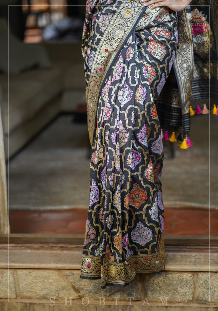 Authentic Kadhuwa Jungla Multi-color Meenakari Jaal Banarasi Silk Saree in Black with Grand Pallu and Zari  | SILK MARK CERTIFIED