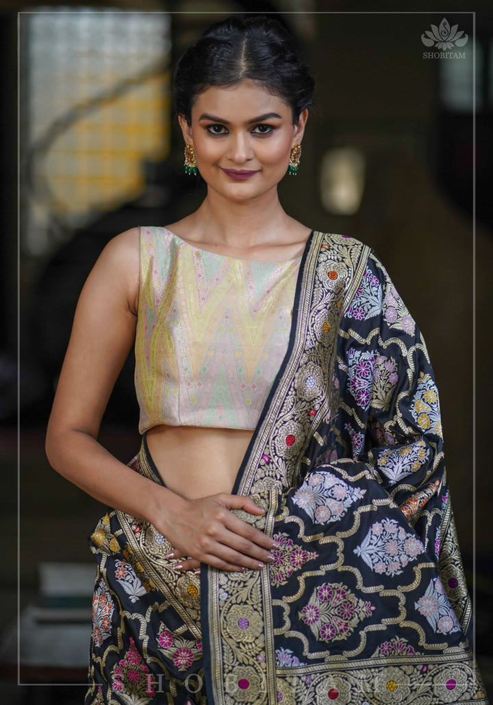 Banarasi Brocade Pastel Mix and Match Blouse with Side-back Closure and Potli Buttons