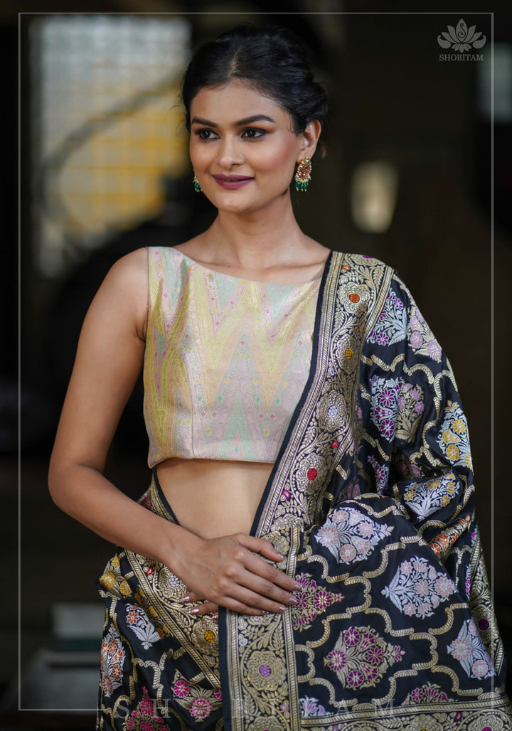 Banarasi Brocade Pastel Mix and Match Blouse with Side-back Closure and Potli Buttons