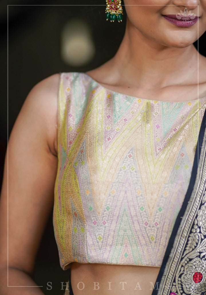 Banarasi Brocade Pastel Mix and Match Blouse with Side-back Closure and Potli Buttons