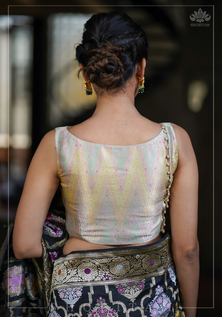 Banarasi Brocade Pastel Mix and Match Blouse with Side-back Closure and Potli Buttons