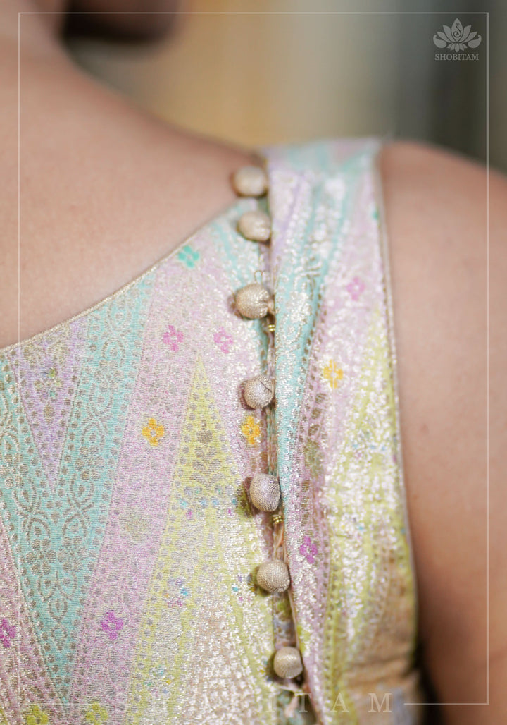 Banarasi Brocade Pastel Mix and Match Blouse with Side-back Closure and Potli Buttons