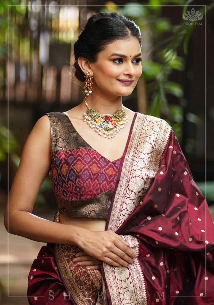 Pure Raw Silk with Ikkat weave and Banarasi pure silk brocade Blouse in maroon and Black