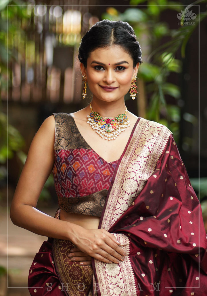 Pure Raw Silk with Ikkat weave and Banarasi pure silk brocade Blouse in maroon and Black