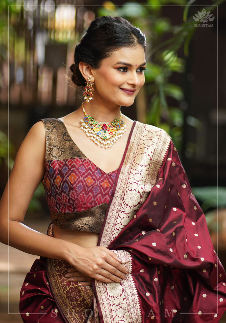 Pure Raw Silk with Ikkat weave and Banarasi pure silk brocade Blouse in maroon and Black
