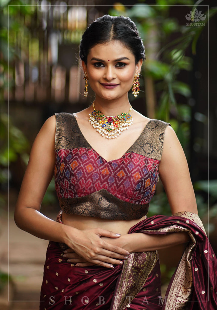 Pure Raw Silk with Ikkat weave and Banarasi pure silk brocade Blouse in maroon and Black