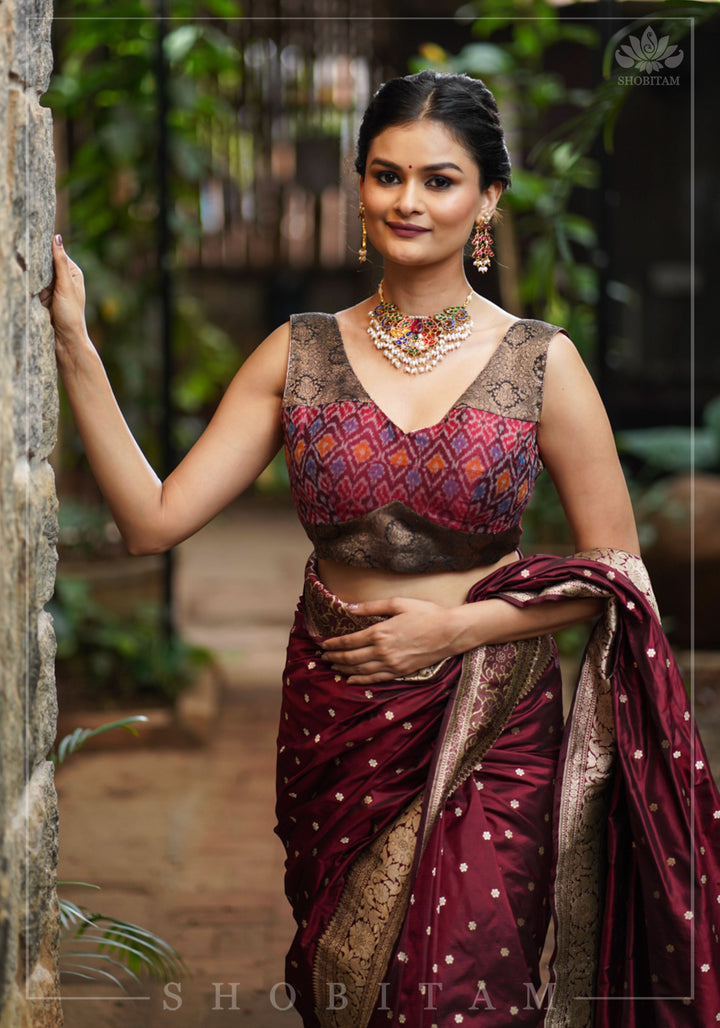 Pure Raw Silk with Ikkat weave and Banarasi pure silk brocade Blouse in maroon and Black