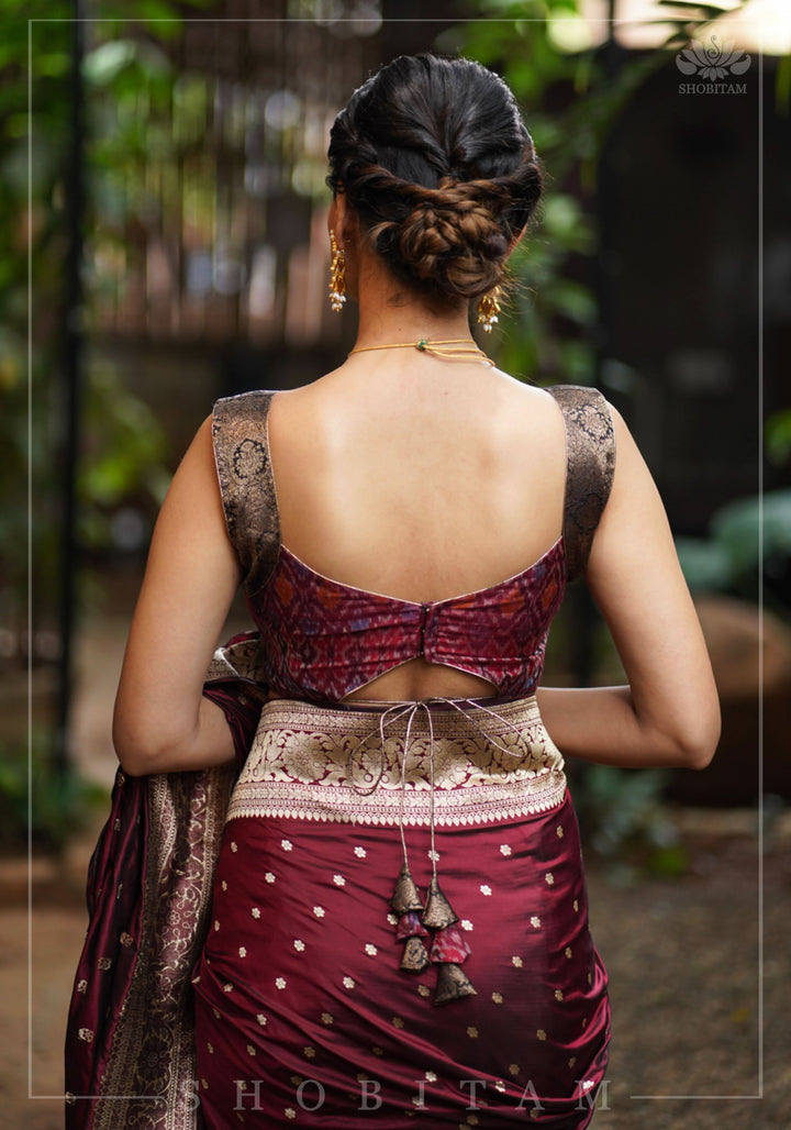 Pure Raw Silk with Ikkat weave and Banarasi pure silk brocade Blouse in maroon and Black
