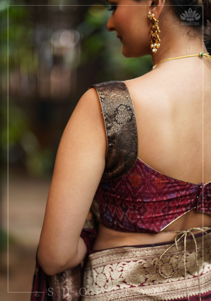 Pure Raw Silk with Ikkat weave and Banarasi pure silk brocade Blouse in maroon and Black