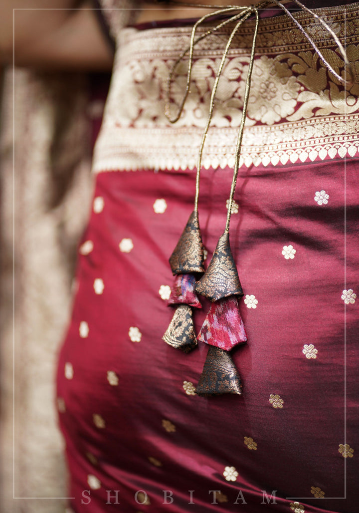 Pure Raw Silk with Ikkat weave and Banarasi pure silk brocade Blouse in maroon and Black
