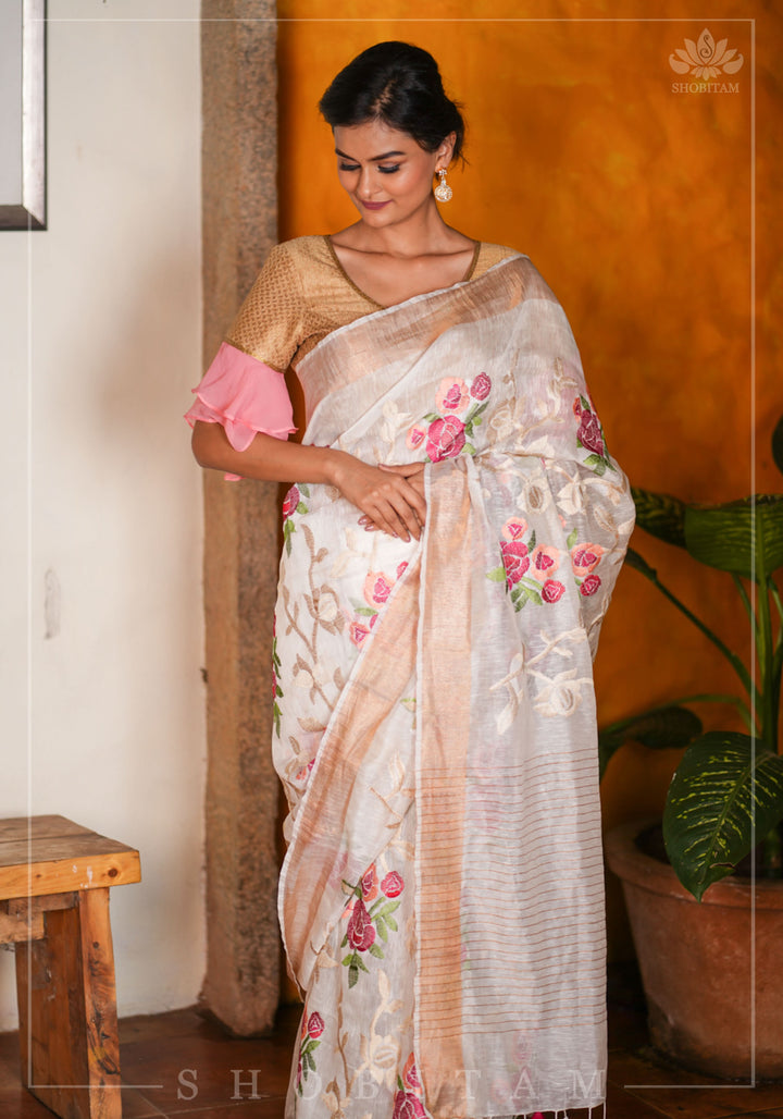 Silk Linen Roses Embroidery Saree - White with Zari Border
