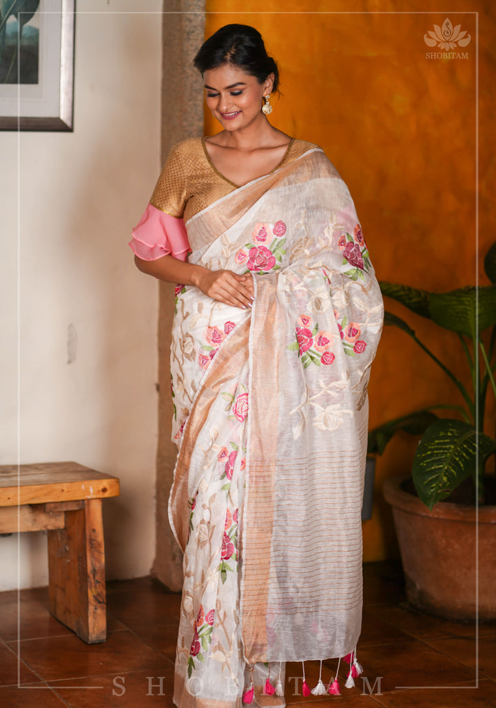Silk Linen Roses Embroidery Saree - White with Zari Border