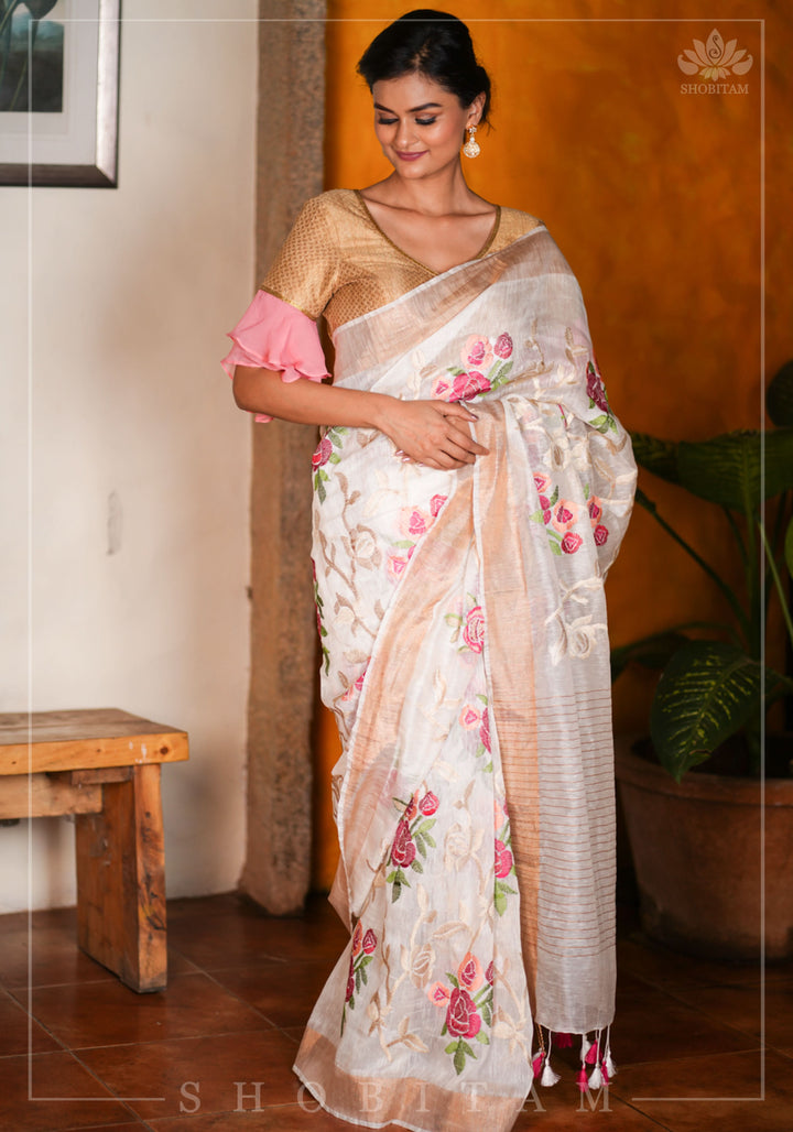 Silk Linen Roses Embroidery Saree - White with Zari Border