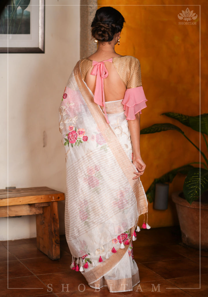 Silk Linen Roses Embroidery Saree - White with Zari Border