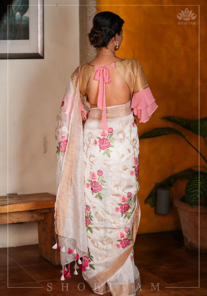 Silk Linen Roses Embroidery Saree - White with Zari Border