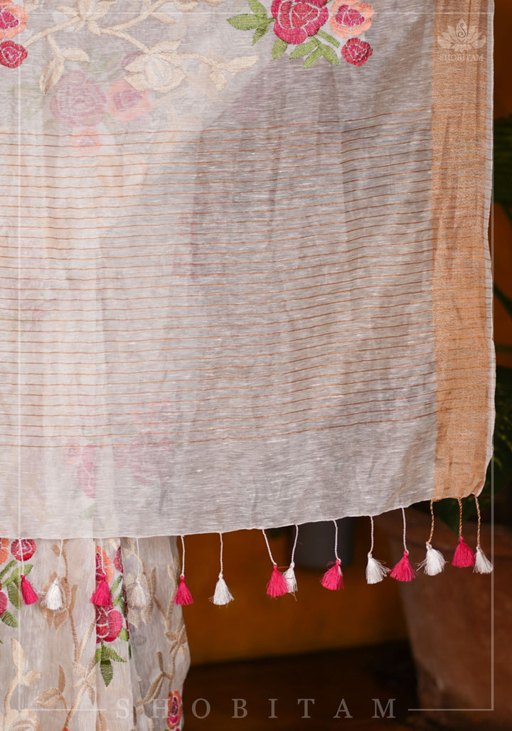 Silk Linen Roses Embroidery Saree - White with Zari Border