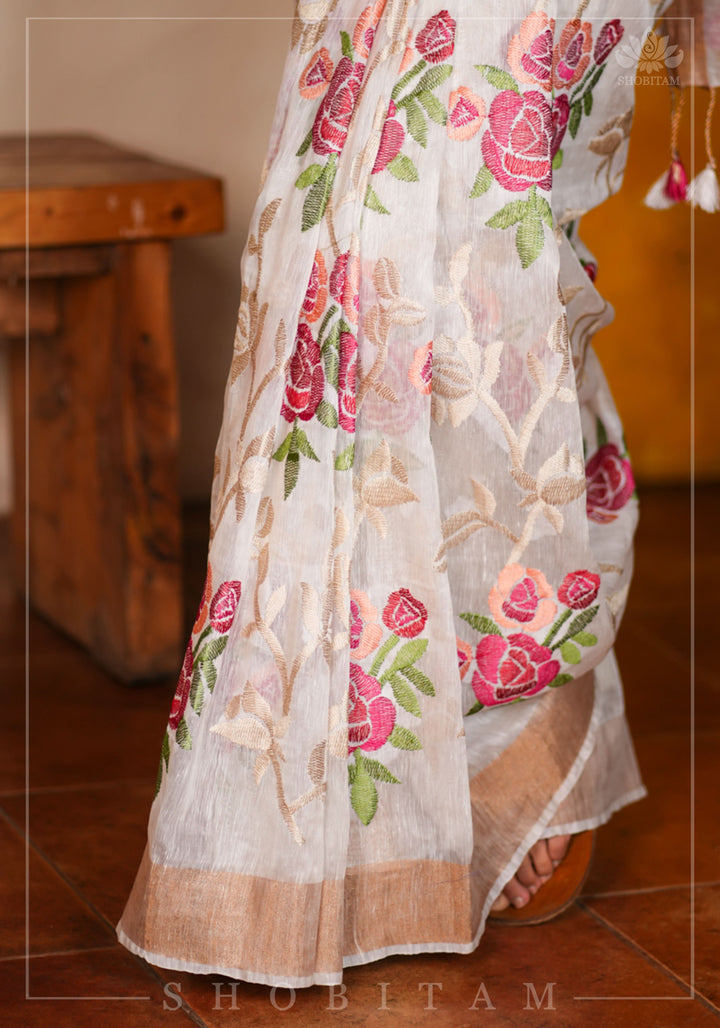 Silk Linen Roses Embroidery Saree - White with Zari Border