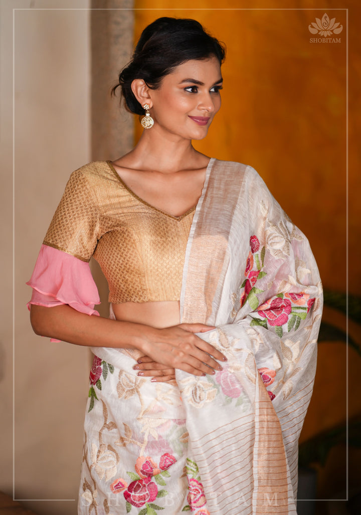 Silk Linen Roses Embroidery Saree - White with Zari Border