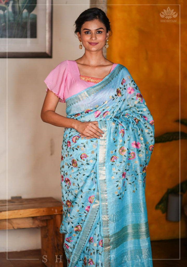 Floral Jaal embroidery on Silk Linen In Blue with woven zari borders