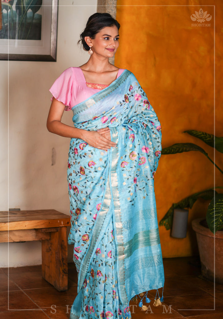 Floral Jaal embroidery on Silk Linen In Blue with woven zari borders