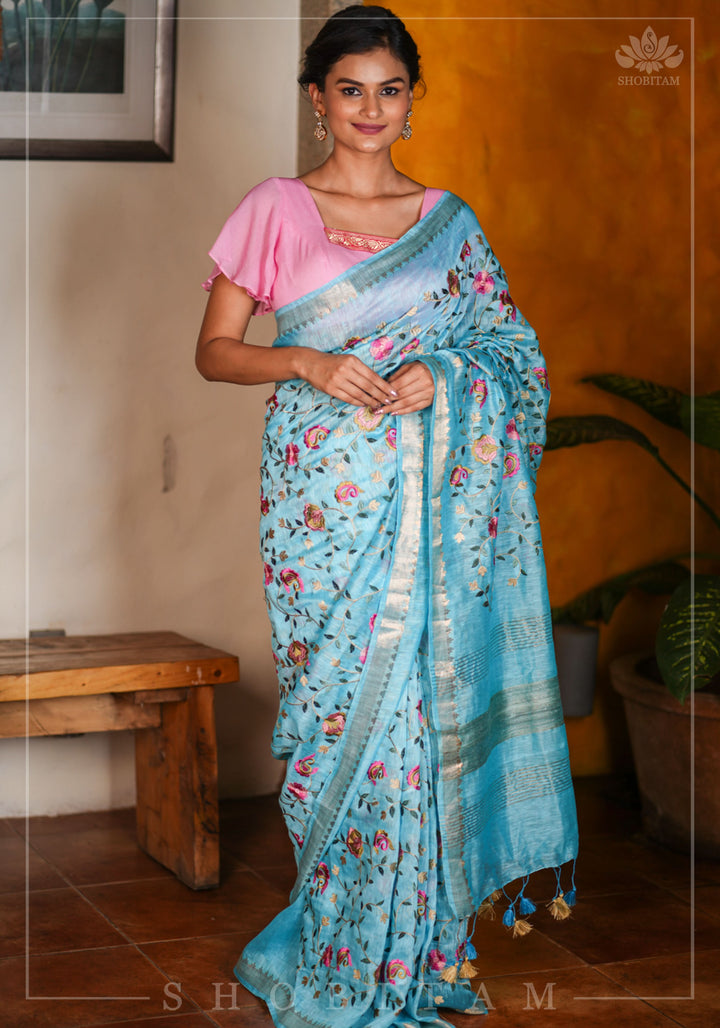 Floral Jaal embroidery on Silk Linen In Blue with woven zari borders