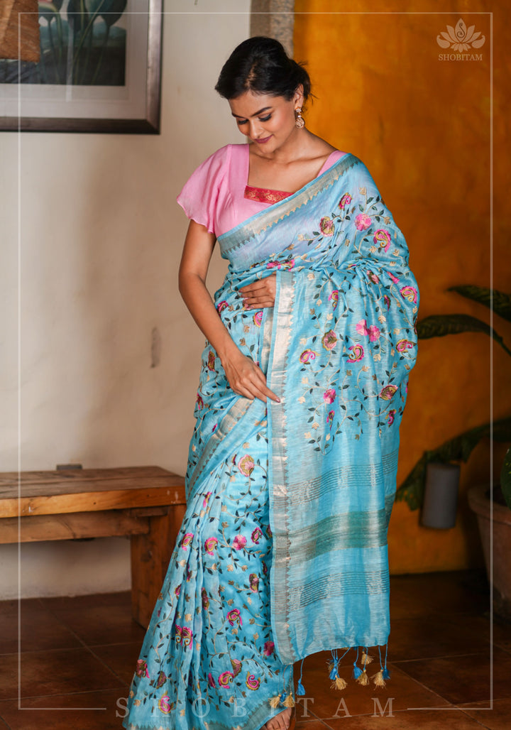 Floral Jaal embroidery on Silk Linen In Blue with woven zari borders