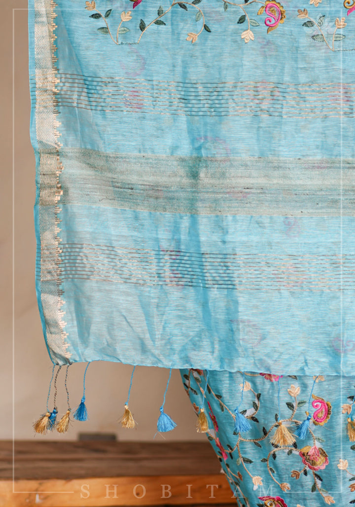 Floral Jaal embroidery on Silk Linen In Blue with woven zari borders