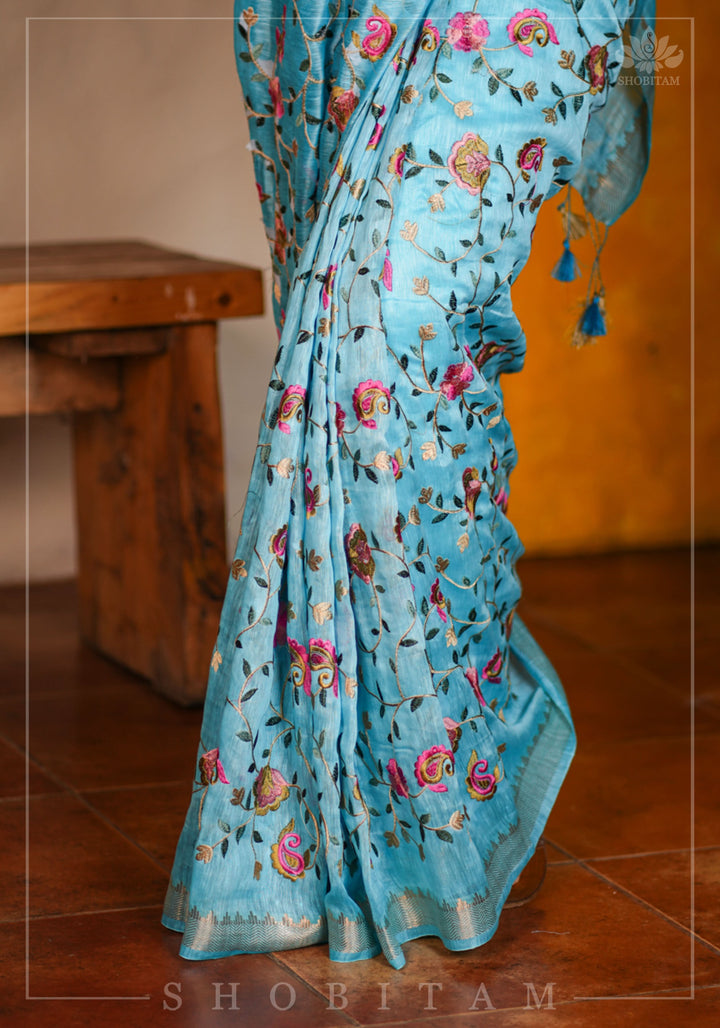 Floral Jaal embroidery on Silk Linen In Blue with woven zari borders