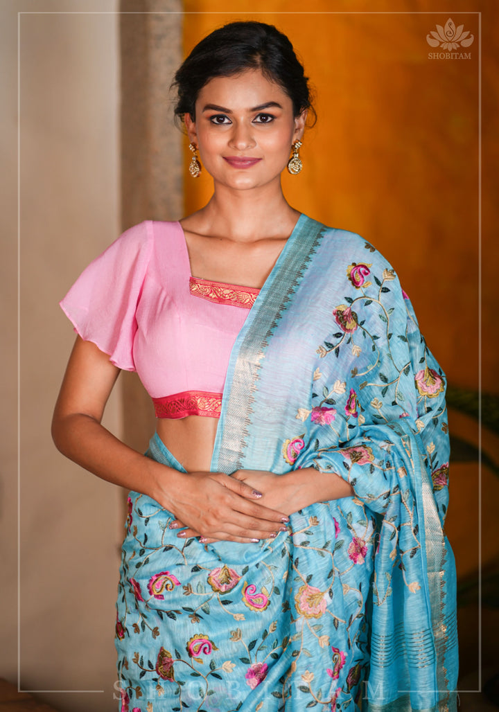 Floral Jaal embroidery on Silk Linen In Blue with woven zari borders