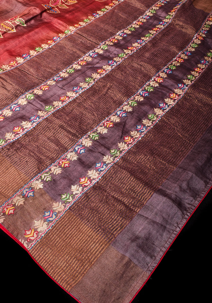 Pitta Work and Mirror detailing on Pure Gachi Tussar Silk in Shades of Brown Ombre | SILK MARK CERTIFIED