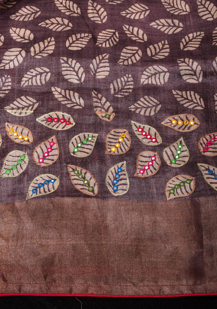 Pitta Work and Mirror detailing on Pure Gachi Tussar Silk in Shades of Brown Ombre | SILK MARK CERTIFIED