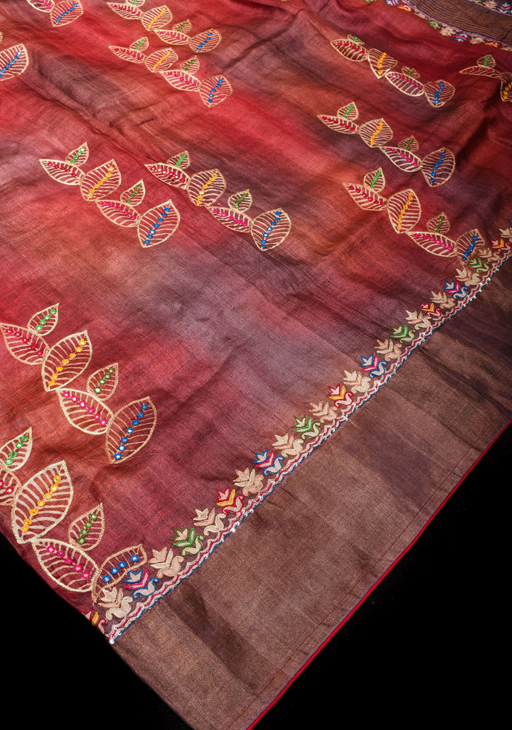 Pitta Work and Mirror detailing on Pure Gachi Tussar Silk in Shades of Brown Ombre | SILK MARK CERTIFIED