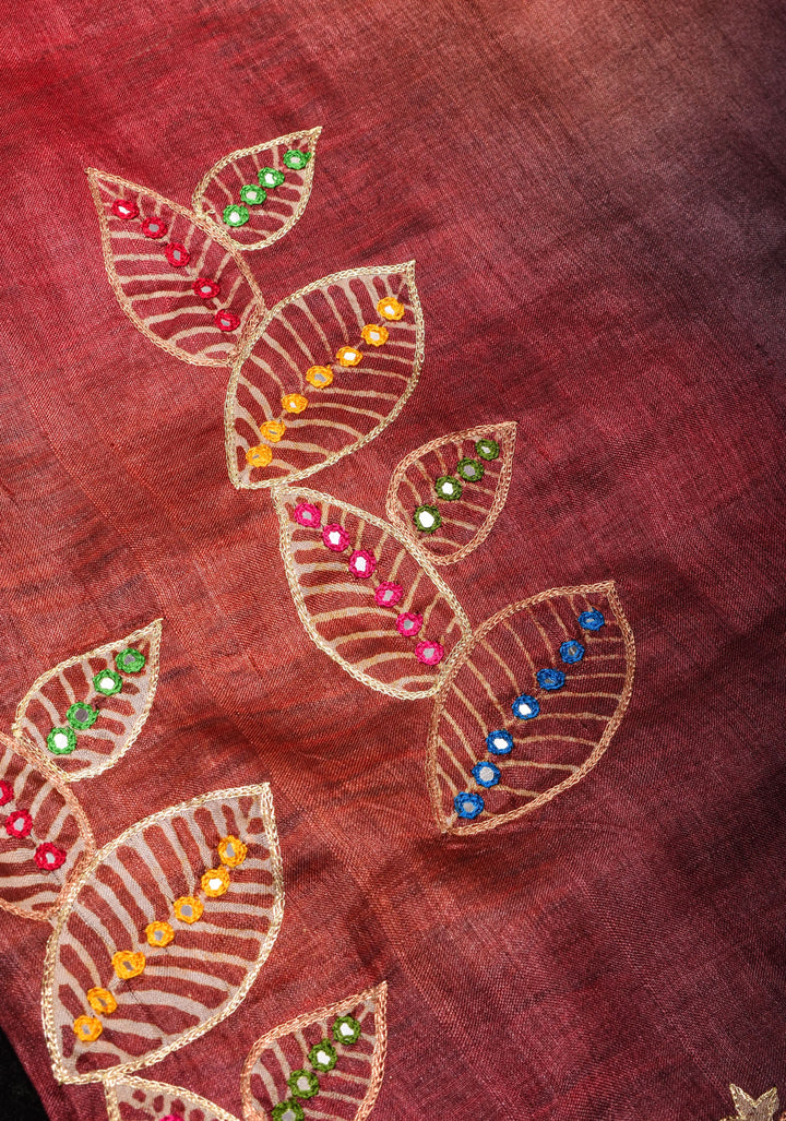 Pitta Work and Mirror detailing on Pure Gachi Tussar Silk in Shades of Brown Ombre | SILK MARK CERTIFIED