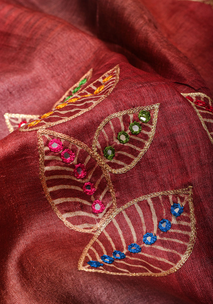 Pitta Work and Mirror detailing on Pure Gachi Tussar Silk in Shades of Brown Ombre | SILK MARK CERTIFIED