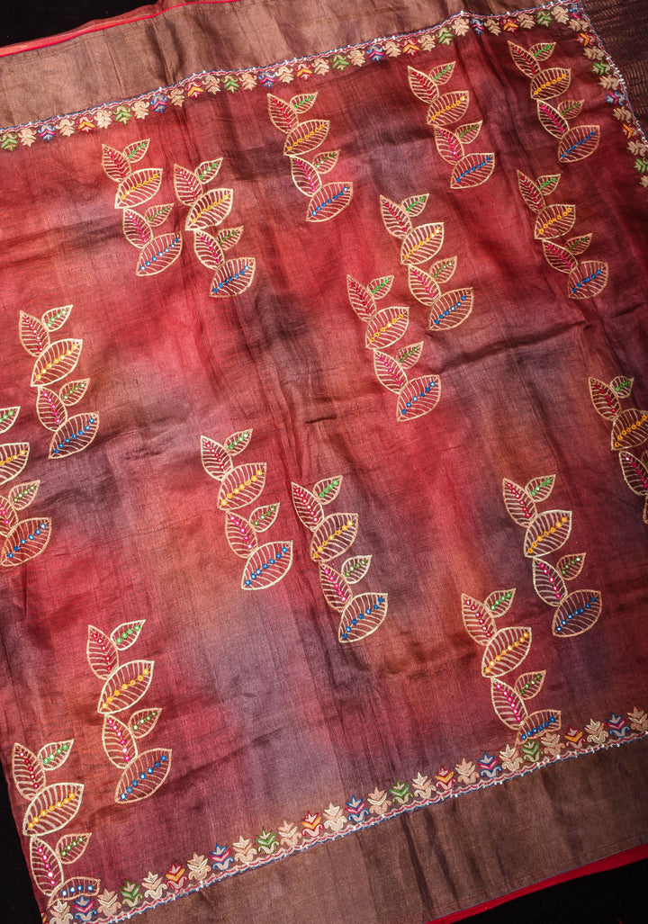 Pitta Work and Mirror detailing on Pure Gachi Tussar Silk in Shades of Brown Ombre | SILK MARK CERTIFIED