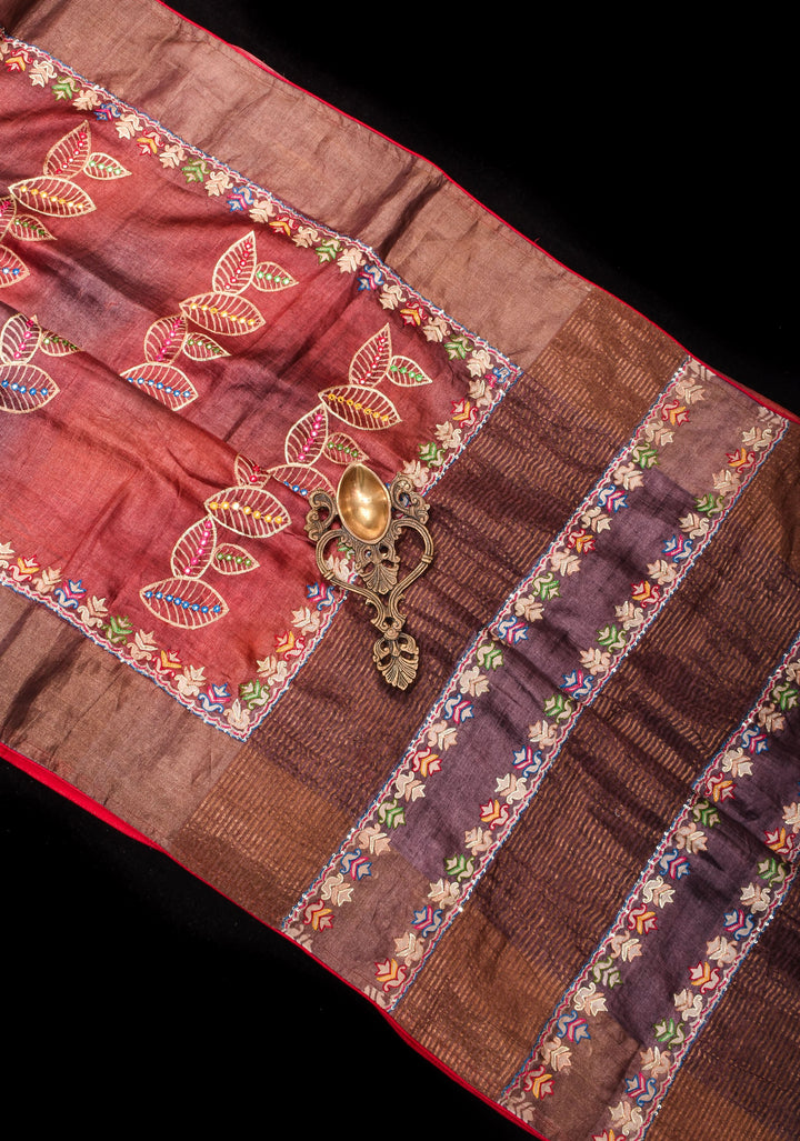 Pitta Work and Mirror detailing on Pure Gachi Tussar Silk in Shades of Brown Ombre | SILK MARK CERTIFIED