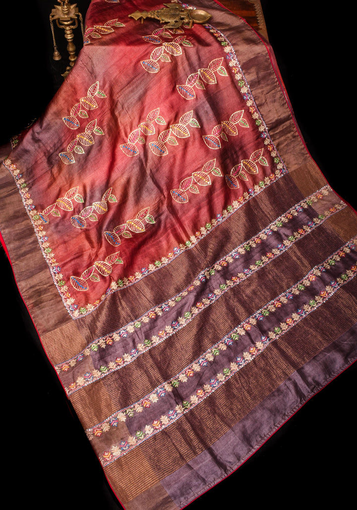 Pitta Work and Mirror detailing on Pure Gachi Tussar Silk in Shades of Brown Ombre | SILK MARK CERTIFIED