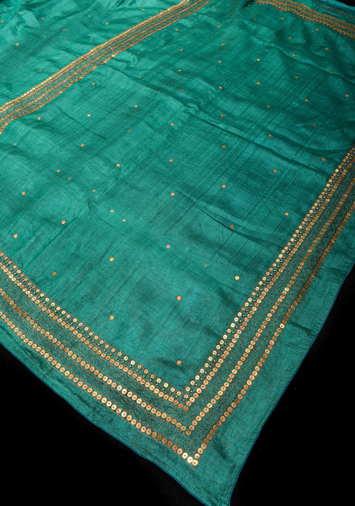 Rama Green Tussar silk saree with Antique Sequins Work and Water Filling Stiches on border | SILK MARK CERTIFIED