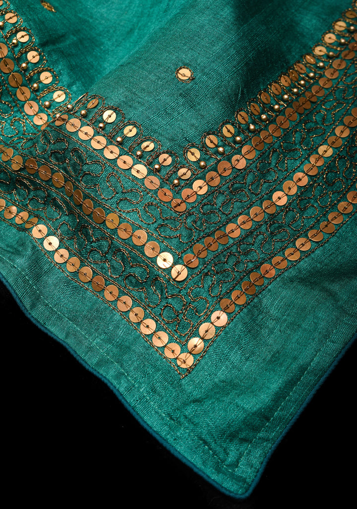 Rama Green Tussar silk saree with Antique Sequins Work and Water Filling Stiches on border | SILK MARK CERTIFIED